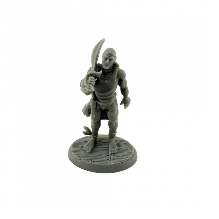 20716 Pirate Rake sculpted by Questron from the Reaper Miniatures Bones Black range. A limited edition pack representing a muscular pirate holding a sword over his shoulder, a great RPG miniature for your tabletop games.