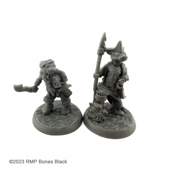 20743 Otterfolk Goblin Hunter & Pirate sculpted by J Wiebe from the Reaper Miniatures Bones Black range. A limited edition pack of two RPG miniatures representing humanoid pirate otters for your tabletop games.