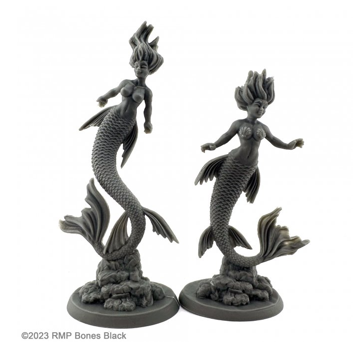 20627 Mermaid and Siren sculpted by B Jackson from the Reaper Miniatures Bones Black range. A limited edition pack of two mermaid RPG miniatures with flowing hair and one wearing a classic shell bra for your tabletop games.