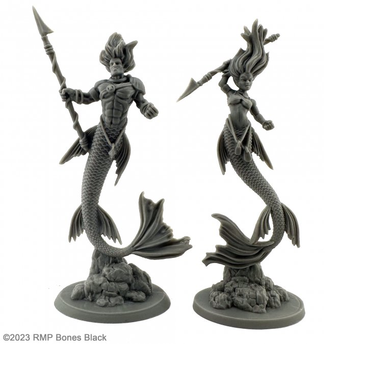 20622 Merfolk Rangers sculpted by B Jackson from the Reaper Miniatures Bones Black range. A limited edition pack of two mermaid RPG miniatures sporting six pack, flowing hair and holding spear weapons for your tabletop games.