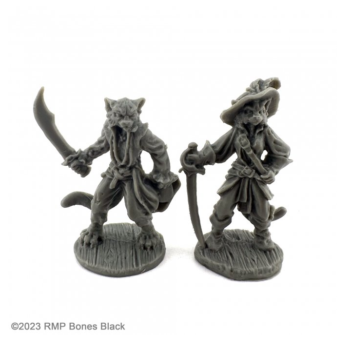20734 Catfolk Buccaneer & Duelist sculpted by J Guthrie from the Reaper Miniatures Bones Black range. A limited edition of two RPG miniatures representing pirate cats in large shirts with swords and one wearing a large hat complete with feather for your tabletop games.