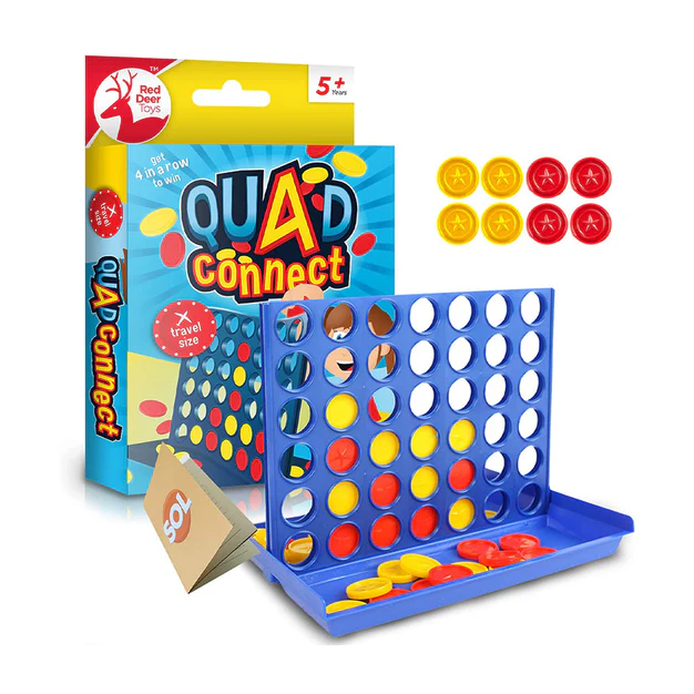Quad Connect Four Travel Game for ages 5+. A travel size game of connecting four coloured counters in a row to win, contained in its own playing area making it an easy game to take on holiday or on your travels. 