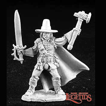02861 Abram Duskwalker from the Dark Heaven Legends metal range by Reaper Miniatures sculpted by B Ridolfi. A metal miniature representing a male wearing a large hat and cape holding a sword in one hand and a hammer in the other.