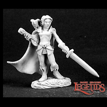 03139 Shaelin Female Bard from the Dark Heaven Legends metal range by Reaper Miniatures sculpted by Derek Schubert. A metal miniature representing a female bard with short hair, wearing a cape, holding a sword out in front, a lute style instrument in the other hand and a bird on her shoulder