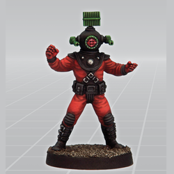 Scarlet Automaton by Crooked Dice a white metal miniature for your tabletop games representing a diver wearing a sci fi but old school style diving helmet.