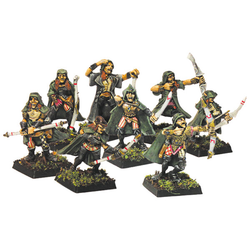 Way Walker Warban by Oakbound Studio. A set of eight lead pewter miniatures representing fae rangers with cloaks and bows