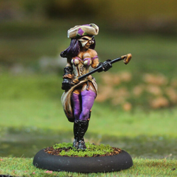 Rademaster 1 by Oakbound Stuido. A lead pewter miniature of a female wearing a mask and carrying a riding crop style weapon for your tabletop and RPGs. 