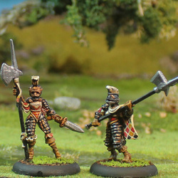 Alvi D’Arme 2 by Oakbound Studio. A pack of two lead pewter miniatures holding polearm style weapons, wearing armour and headdresses, great for your tabletop and RPGs. 