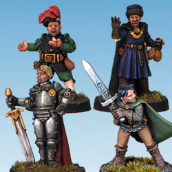 Townsfolk 1 by Crooked Dice.&nbsp; A set of four metal figures representing male towns people, one being a merchant with feathers in his hat, a ranger wearing a cloak and holding a two handed sword, a noble in fine armour, cloak and large sword with its tip on the ground and also a sheriff holding bags of money&nbsp;making great editions to your RPGs, tabletop gaming, town scenery and more.&nbsp;&nbsp;