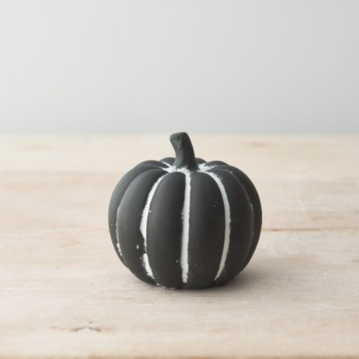 Black Cement Pumpkin 8.5cm. A wonderfully different black cement pumpkin with white line detail, a heavy ornament with a rustic style and imperfection design.