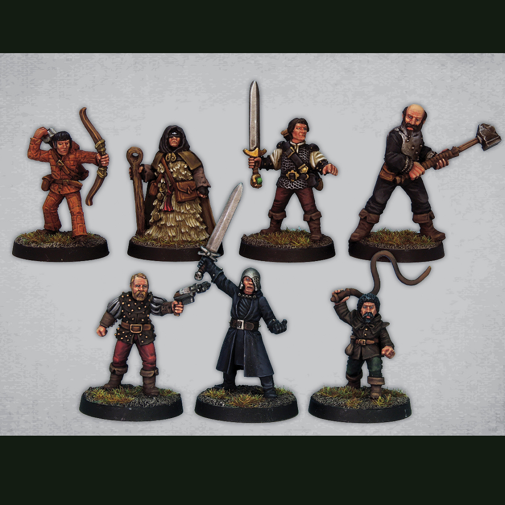 Raven’s Revenge by Crooked Dice. A set of metal figures representing human fighters one with a whip, one with a bow, one with an axe among other weapons for your tabletop gaming needs.