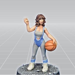 Coach by Crooked Dice a white metal 28mm scale miniatures for your tabletop games representing an 80s style female coach wearing a boob tube, leotard and holding a basketball