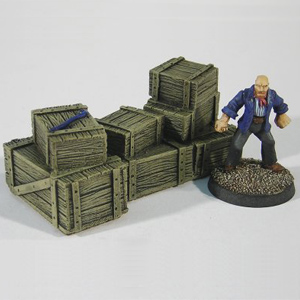 Large Crate Stack B by Crooked Dice, a resin miniature representing one large wooden crate stack sculpted by Jens Beckmann for your RPGs, wargaming settings and tabletop games.