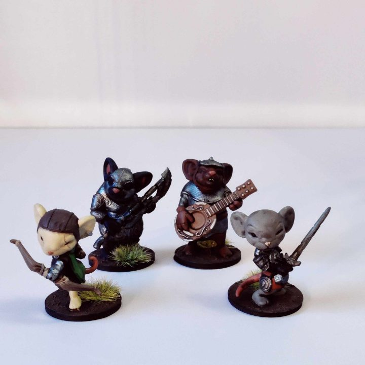 Mice Chibis set C by Iron Gate Scenery a set of four 28mm scale printed adventuring mice. These amazingly cute chibi mice are dressed in human clothes and would make a wonderful edition to your RPG adventure as player characters or non player characters (NPC)