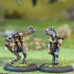 Hobyahs 2 by Oakbound Studio. A pack of two lead pewter miniatures representing donkey headed servants with human torsos and donkey legs holding axes and full of character, great for your tabletop and RPGs. 
