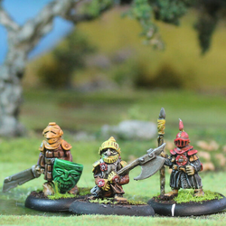 Bogle Warriors set number 2 by Oakbound Studio. A set of three multi part lead pewter miniatures of goblin warriors wearing  armour, carrying various weapons and being full of character