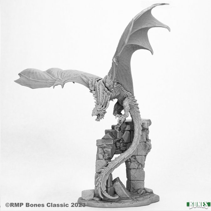 77981 Blacksting The Wyvern Boxed Set from Reaper Miniatures Dark Heaven Legends Bones range sculpted by Julie Guthrie. An epic dragon miniature atop his crumbling stone ruin makes an imposing creature for your RPG tabletop games and more