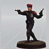 Commander Kuro by Crooked Dice a white metal miniature for your tabletop games representing a solider holding two guns in a moving stance.