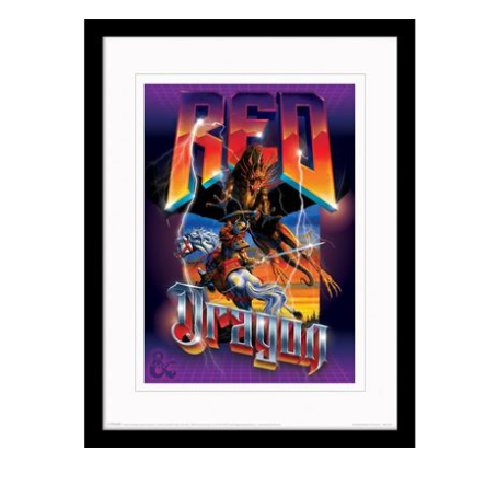 Dungeons & Dragons Dragon Collector Print. Decorate your home, work place or gaming space with this Red Dragon collectors print, supplied in a black frame with a white boarder, a bright and colourful piece of art featuring a barbarian riding a white horse taking on a dragon for your wall or as a gift for a friend or your DM.