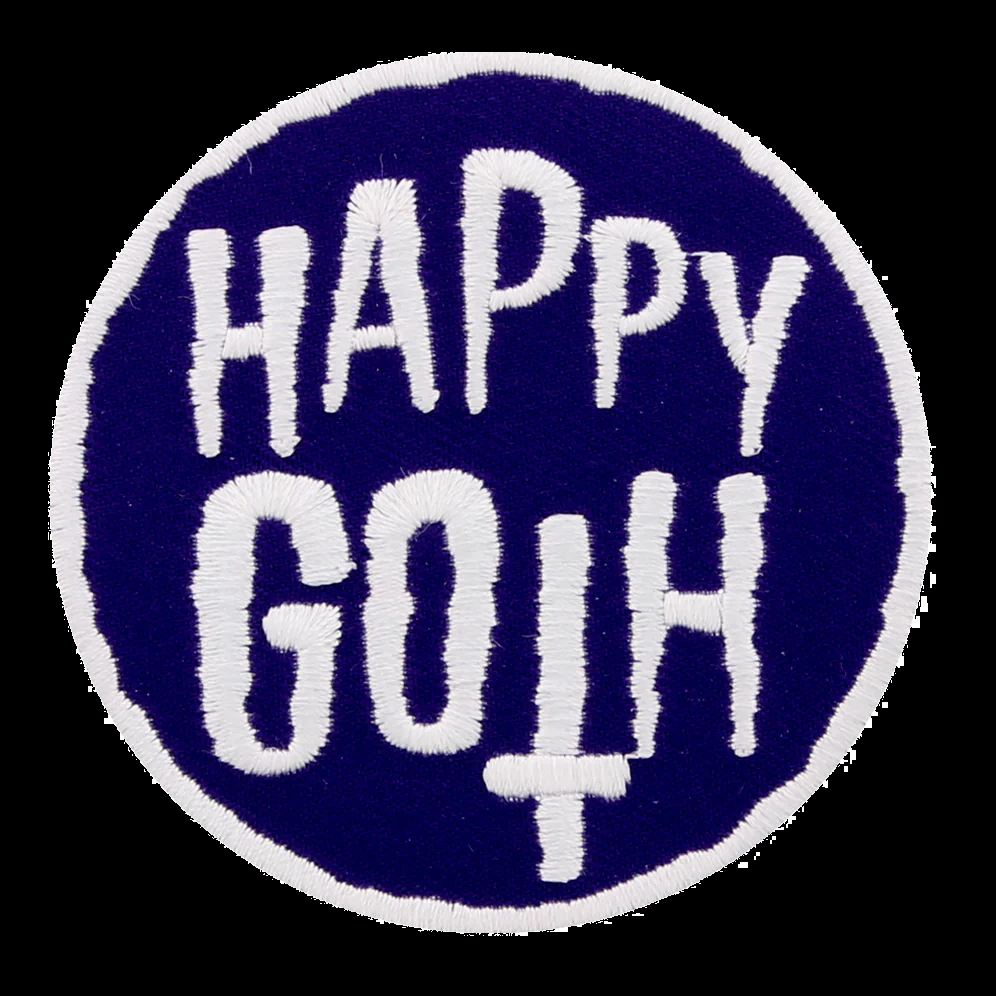 Happy Goth Iron On Patch, 100% cotton embroidered patch with iron on adhesive backing. A round patch with purple background and white writing for your bag, jacket, hat and more.