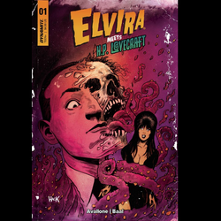 Elvira Meets H.P. Lovecraft #1 from Dynamite Comics. It had to happen someday! Elvira accepts the Collect Call of Cthulhu and finds herself on a comical quest for the last copy of the Necronomicon with the ghost of H.P. Lovecraft. Will she be able to tolerate Lovecraft long enough to save the world from the Great Old Ones? Find out in this tale of cosmic comedy and tentacled terror.&nbsp;&nbsp;