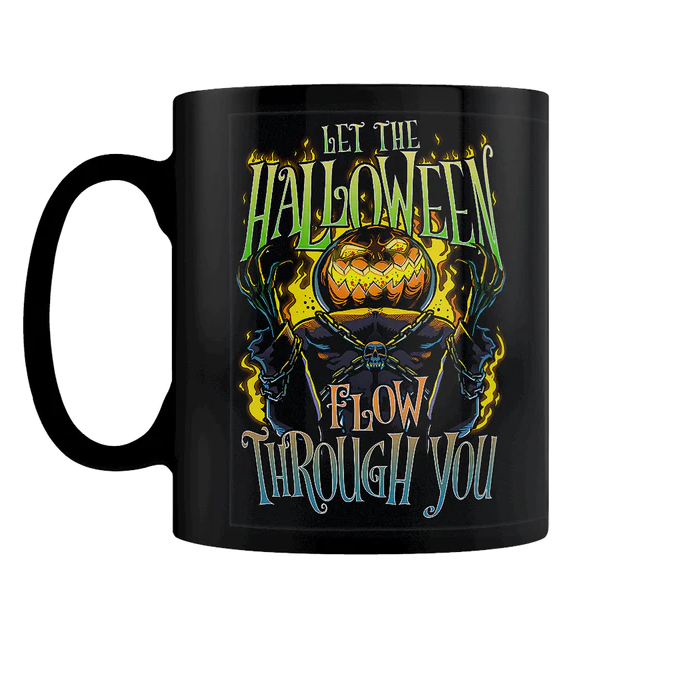 Let The Halloween Flow Through You Black Mug. A black mug with a spooky pumpkin figure and the words Let The Halloween Flor Through You showing everyone just how much you love Halloween.