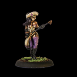 Rademaster 1 by Oakbound Stuido. A lead pewter miniature of a female wearing a mask and carrying a riding crop style weapon for your tabletop and RPGs. 