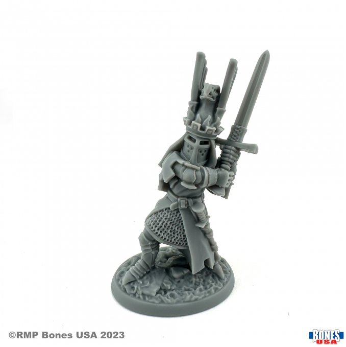 30155 Sir James The Blue Heraldic Knight from the Reaper bones USA legends range, sculpted by Werner Klocke. A digitally remastered miniature representing a heraldic knight with an elaborate phoenix helm and holding a two handed sword for your tabletop gaming and hobby needs. 