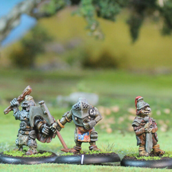 Bogle Warriors set number 1 by Oakbound Studio. A set of three multi part lead pewter miniatures of goblin warriors wearing  armour and carrying various weapons