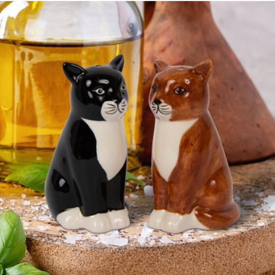 Cat Salt & Pepper Set. A glazed cruet set puuuurfect for a cat lover, this salt and pepper shaker set features one black and white cat and one brown cat
