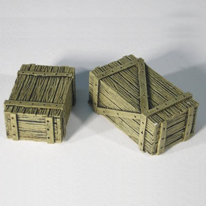 Large Crates by Crooked Dice, a pack of two resin miniatures representing wooden crates ranging one being 32mm x 18mm and one 26mm x 18mm for your RPGs, dockside settings and tabletop games.