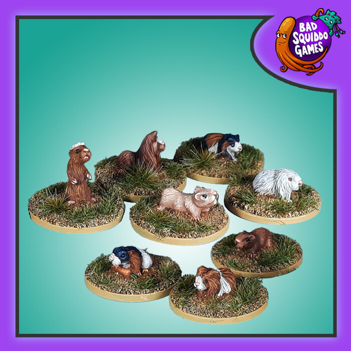 Bad Squiddo Games Guinea Pigs Pack 2. A set of eight single sculpt metal miniatures representing Guinea Pigs for your RPGs, tabletop gaming and more.