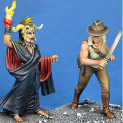 Duo of Doom by Crooked Dice.&nbsp; A set of two metal figures representing a female treasuring hunting archaeologist wearing a hat and holding a weapon and a female sorceress wearing a horned headdress for your tabletop gaming needs.&nbsp;