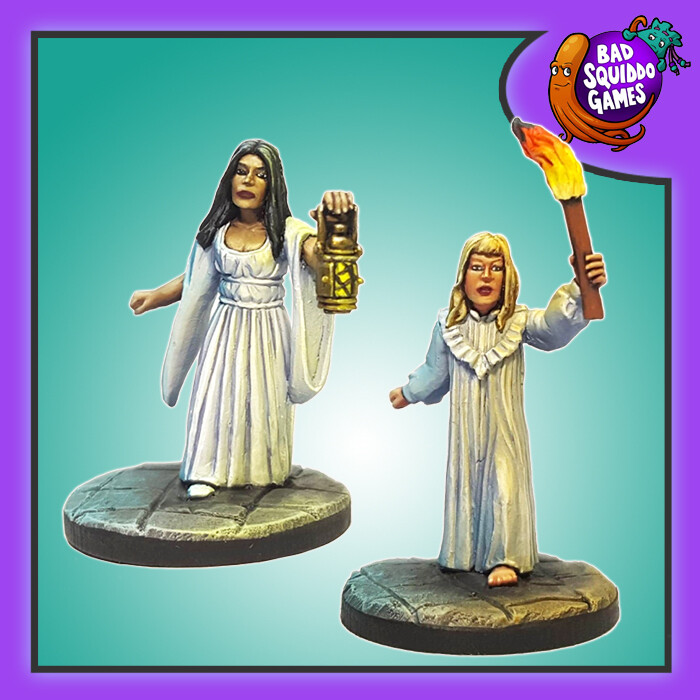 Bad Squiddo Games The Allured. A set of three metal miniatures of female humans wearing nightdresses and carrying a form of light, one has a torch, one has a lantern and one carries a candle