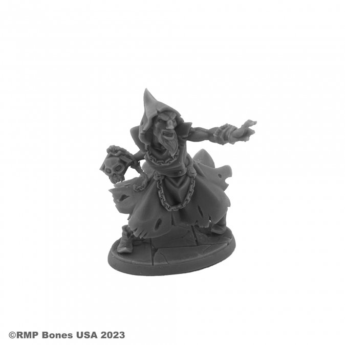 07118 Hyborian Wizard sculpted by Tom Mason from the Reaper Miniatures Bones USA Dungeon Dwellers range. A male hooded wizard in a casting spell pose wearing tatty and torn robes decorated with chains and sporting a chiselled face and goatee facial hair