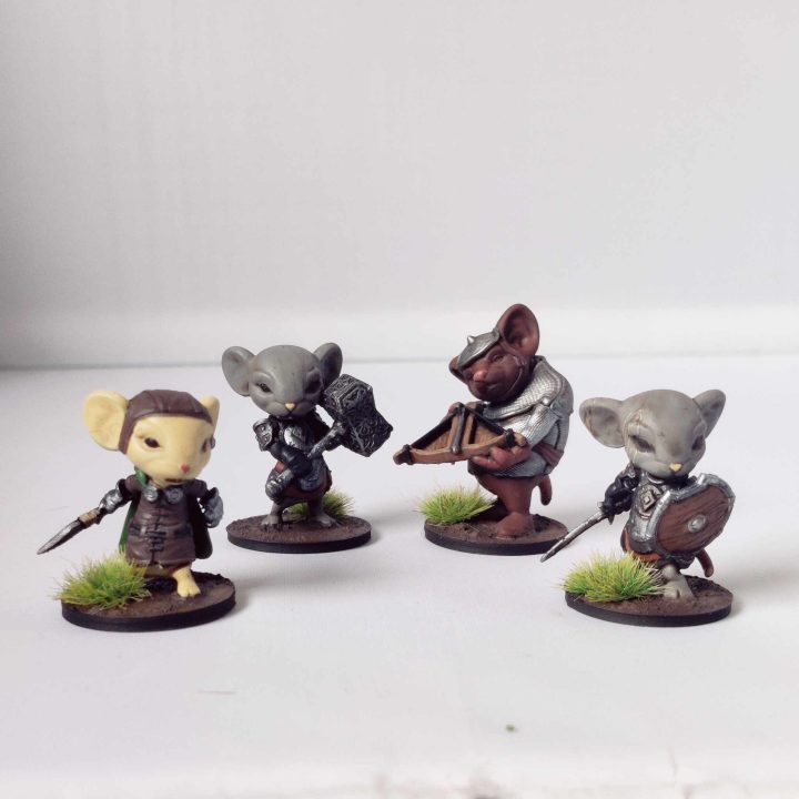 Mice Chibis set B by Iron Gate Scenery a set of four 28mm scale printed adventuring mice. These amazingly cute chibi mice are dressed in human clothes and would make a wonderful edition to your RPG adventure as player characters or non player characters (NPC). This set contains four mice that could represent a mouse ranger holding a crossbow, a mouse warrior with a two handed axe, a mouse paladin with sword and shield and a mouse rogue with a dagger in hand