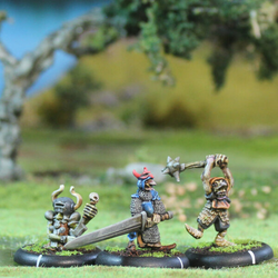 Bogle Warriors set number 3 by Oakbound Studio. A set of three multi part lead pewter miniatures of goblin warriors wearing  armour, carrying various weapons (including one with a giant sword) and being full of character