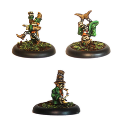 Leprechauns by Oakbound Studio. A pack of three lead pewter miniatures of mischievous leprechaun characters including one standing on his head and one pointing