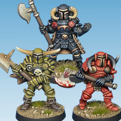 Chaos Knights by Crooked Dice.&nbsp; A set of three metal figures representing armoured knights with horned helms and holding axe weapons for your gaming table needs.