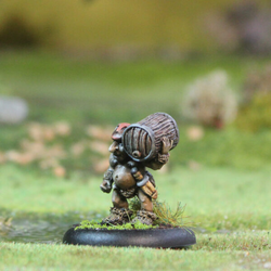 Pech Brewer by Oakbound Studio. A lead pewter miniatures of a gnome carrying a beer keg over one shoulder
