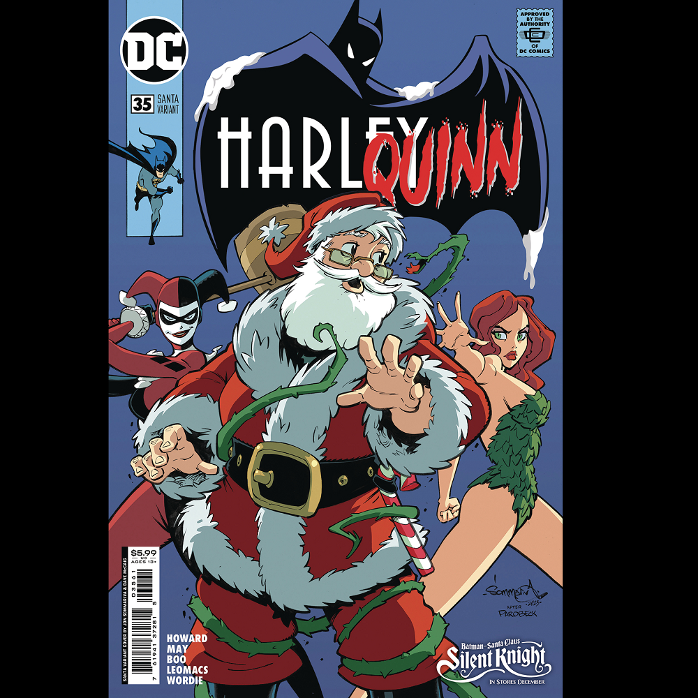 Harley Quinn #35 with Santa variant cover art from Marvel Comics swing into a tale of adventure brought to you by Hannah Rose May, Leomacs and Jason Wordie.