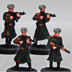 Kold Warriors by Crooked Dice a set of four white metal 28mm scale miniatures for your tabletop games representing male military figures holding guns ready to fire