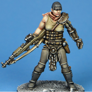 Ms Lovely Day by Crooked Dice a white metal 28mm scale miniatures for your tabletop games representing a female warrior with one mechanical arm and holding a futuristic gun in the other hand