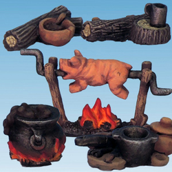 Campfire Set by Crooked Dice.&nbsp; A set of five metal pieces representing a campfire for your RPG and tabletop gaming needs including a campfire, hog roast and cooking pot.&nbsp;