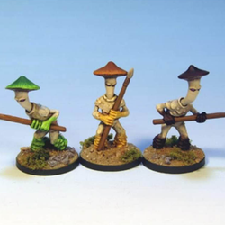 Mushiman Spears by Crooked Dice, a set of three white metal 28mm scale miniatures for your RPG or tabletop game representing mushroom creatures holding spears.