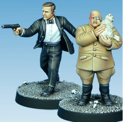 Best of Enemies by Crooked Dice.  A set of two metal figures representing a suave, suited spy holding a gun and a bald evil villain with a fluffy cat and monocle making great editions as npcs in your RPGs, characters on your gaming table or for your diorama hobby needs.