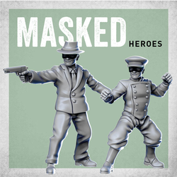 Masked Heroes by Crooked Dice.&nbsp; A set of two metal figures representing suited crimefighters wearing hats and masks to keep their identity a secret for your gaming table, RPGs or pulp diorama needs.&nbsp;