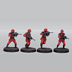 Scarlet Shocktroopers by Crooked Dice a set of four white metal miniatures for your tabletop games representing a team of soldiers holding guns and wearing boots.