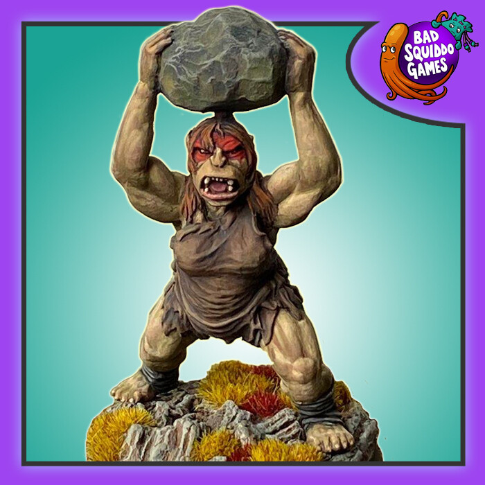 Bad Squiddo Games Luda the Feral Ogre. A resin miniature representing a female Ogre holding a large rock above her head in an aggressive pose