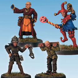 Townsfolk 2 by Crooked Dice.&nbsp; A set of four metal figures representing characterful towns people, one being a jester performing, a female jailor and a male prisoner in hand stocks and an alchemist holding a medicine bottle making great editions to your RPGs, tabletop gaming, town scenery and more.&nbsp; &nbsp;